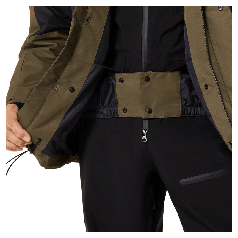 Powder skirt view of the Oakley Range Rc 2.0 Ski Jacket in Army Green colourway, men's model