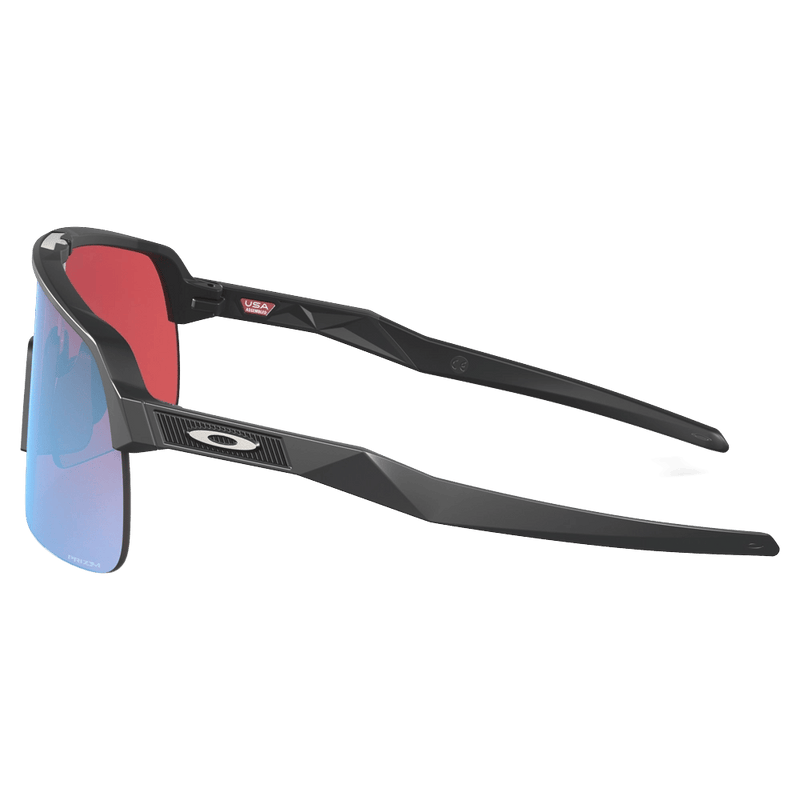 Side view of the Oakley Sutro Lite Sunglasses in Matte Carbon, Prizm Snow Sapphire lens, unisex model