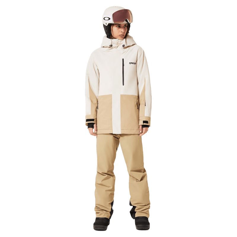 Front view of the Oakley Tnp Tbt Insulated Ski Jacket in Mist and Black colourway, women's model