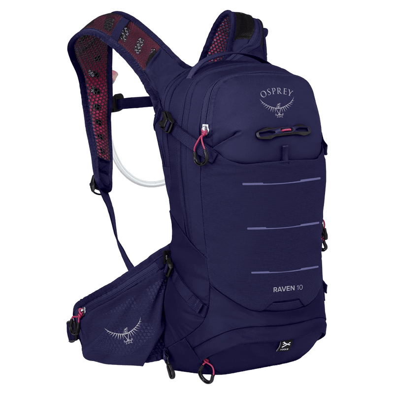 Main view of the Osprey Raven 10 Hydration Bag in Deep Fig colourway, women model
