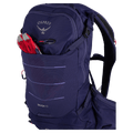 Front pocket view of the Osprey Raven 10 Hydration Bag in Deep Fig colourway, women model