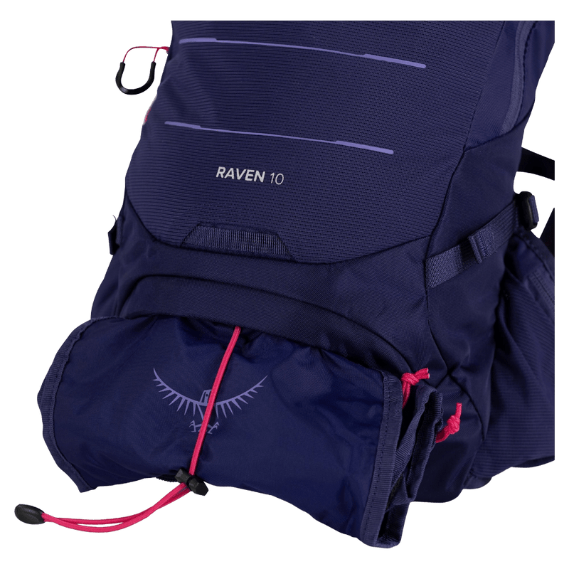 Feature view of the Osprey Raven 10 Hydration Bag in Deep Fig colourway, women model