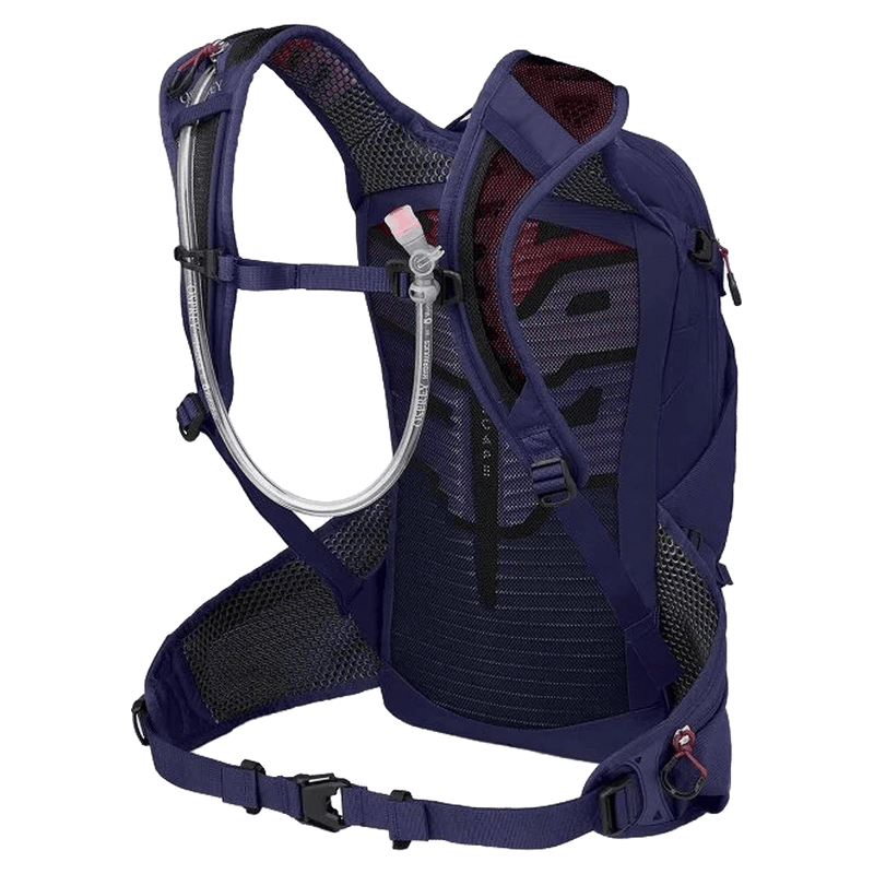 Back view of the Osprey Raven 14 Hydration Bag in Deep Fig colourway, women model