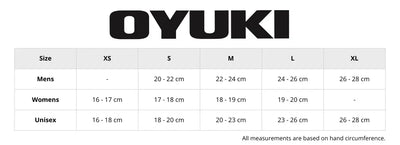Adult men, women and unisex size chart for Oyuki handwear