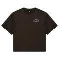 Main view of the P.E Nation Established Tee in Dark Olive colourway, women model