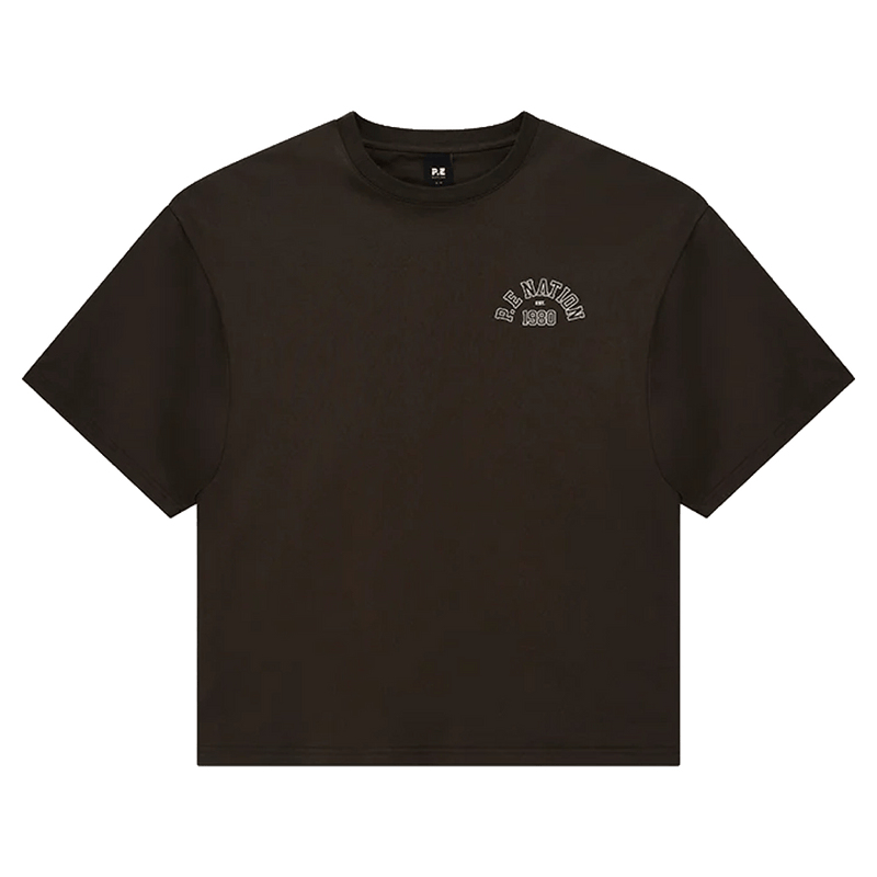 Main view of the P.E Nation Established Tee in Dark Olive colourway, women model