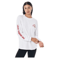 Front view of the P.E Nation Established Long Sleeve Tee in Optic White colourway, women model