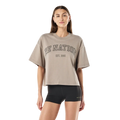 Front view of the P.E Nation Area Tee in Oatmeal colourway, women's model