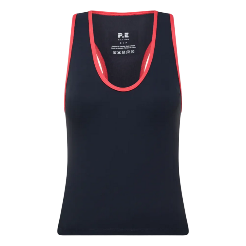 Main view of the P.E Nation Renewal Tank in Marine Blue and Strawberry colourway, women's model