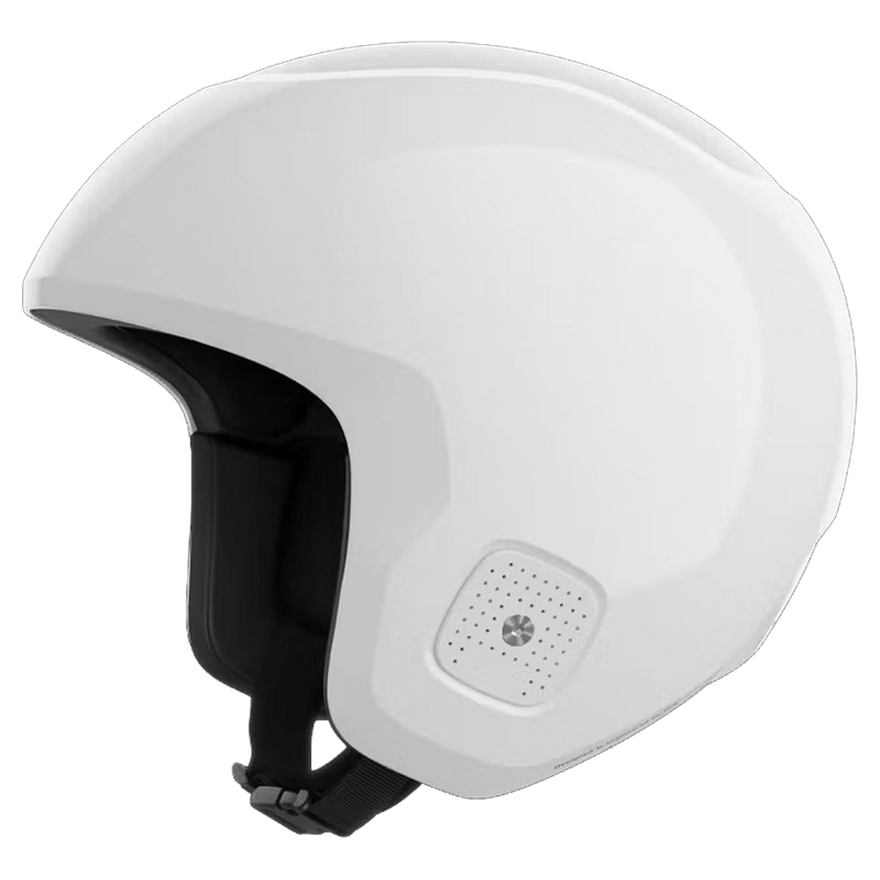 Side view of a white Poc Skull Dura Jr kids ski helmet with a glossy shell, black padding, and perforated ear vents.