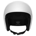 White Poc Skull Dura Jr kids ski helmet front view showing black interior padding and chin strap.