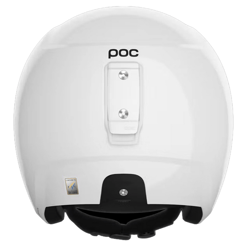 Rear view of a glossy white POC Skull Dura Jr kids' ski helmet featuring a goggle clip and FIS sticker.