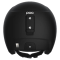 Rear view of a matte black Poc Skull Dura Jr kids ski helmet showing the goggle clip and white logo.