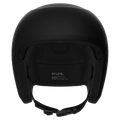 Matte black Poc Skull Dura Jr kids ski helmet front view showing the interior padding and adjustable chin strap.