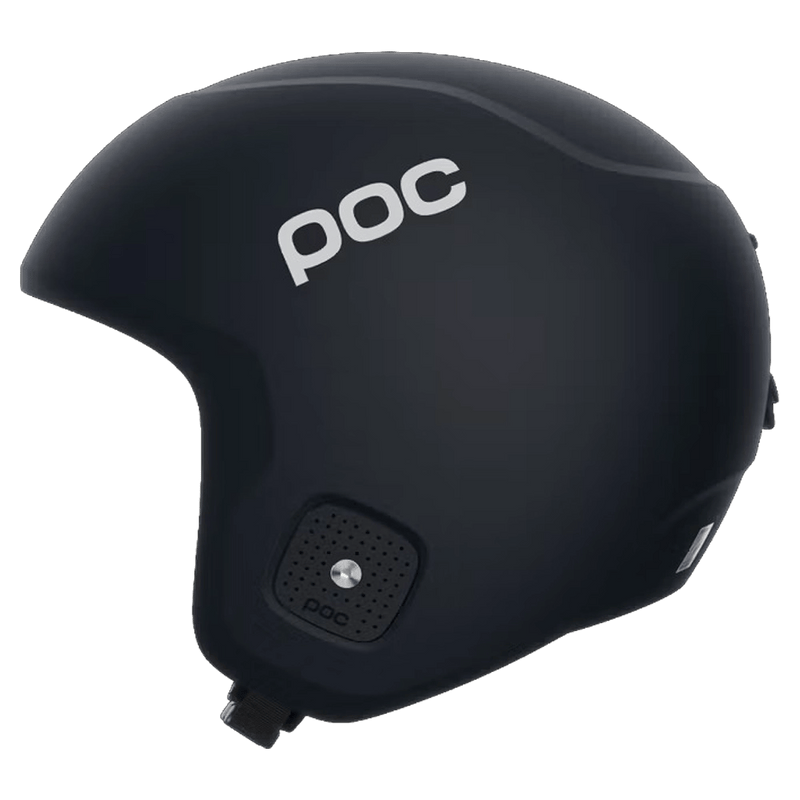 Side profile of a matte black POC Skull Dura Jr kids ski helmet with white logo and textured ear protection.