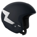 Poc Skull Dura Jr kids ski helmet in matte navy blue with a white lightning bolt graphic on the side.