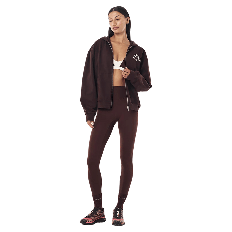 Unzipped view of the PE NATION Established Zip Thru Hoodie Mahogany Jumper, 26/27 Womens's model