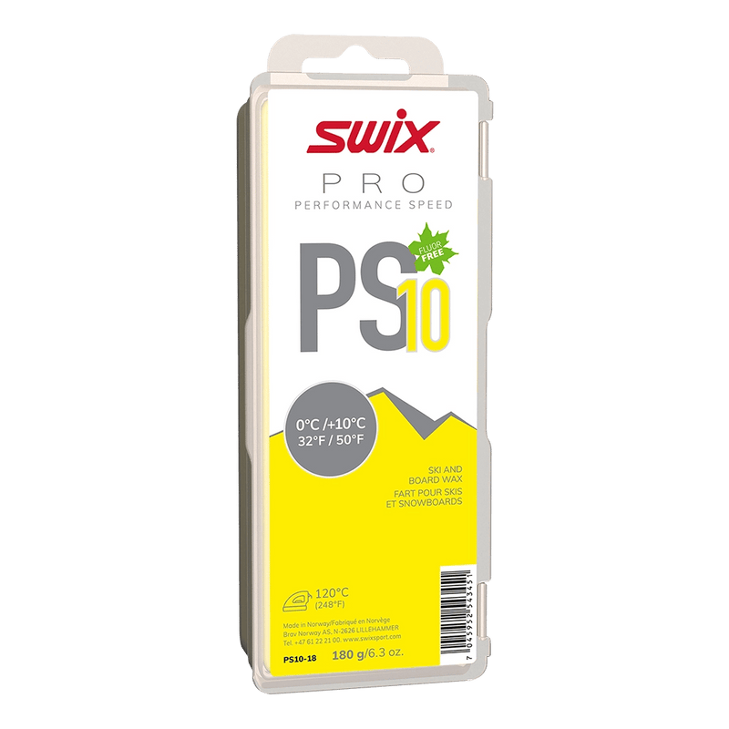 Swix PS10 Pro Performance Speed fluor free glide wax in a yellow and white plastic container, 180g.