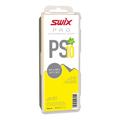 Swix PS10 Pro Performance Speed fluor free glide wax in a yellow and white plastic container, 180g.