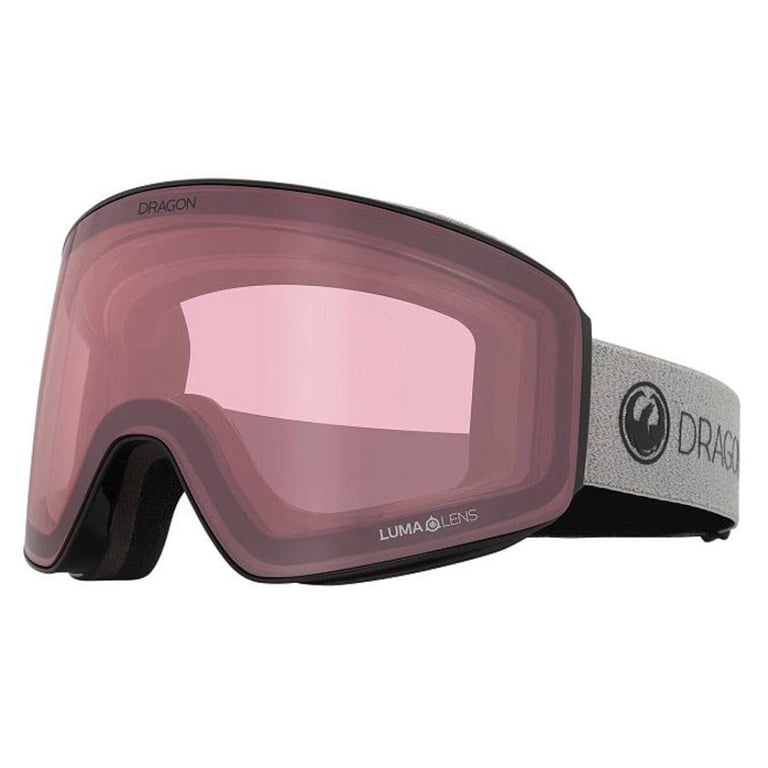Dragon PXV snow goggles with a pink mirrored Lumalens and a grey heathered strap.