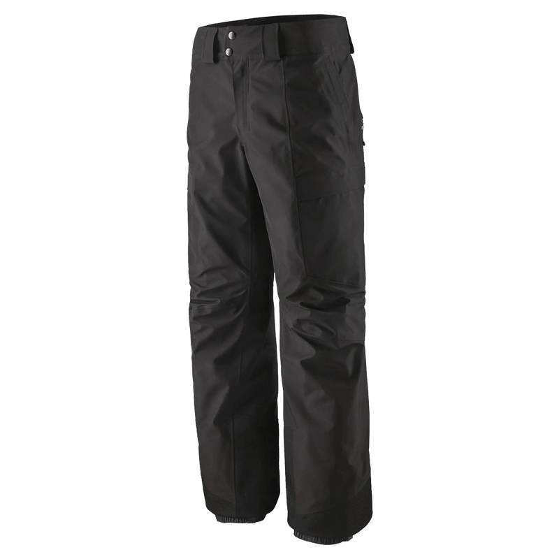 Black Patagonia Storm Shift Ski Pants in a three-quarter view featuring a snap-button waist and belt loops.