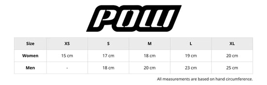 Size chart for Pow handwear showing measurements for men and women Includes hand circumference in centimetres, with corresponding sizes. Helps customers find the right glove or mitten fit