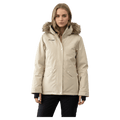 Beige Pure Aspen Ski Jacket for women featuring a faux fur hood, front pockets, and black wrist gaiters.