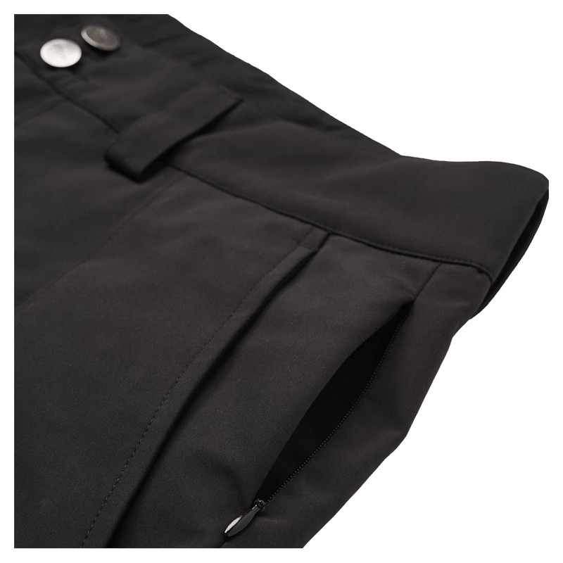 Detail of black Resolve Sprinter Baggy cargo Ski Pants with silver snap buttons and a zippered side pocket.