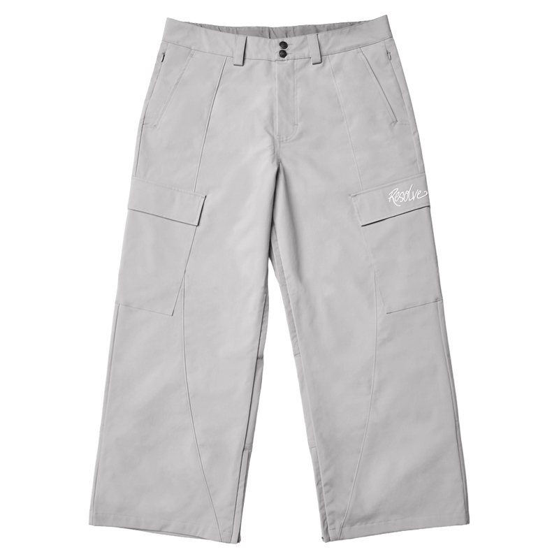 Front view of Resolve Sprinter Baggy cargo Ski Pants with wide legs, cargo pockets, and white embroidered logo in colour Grey