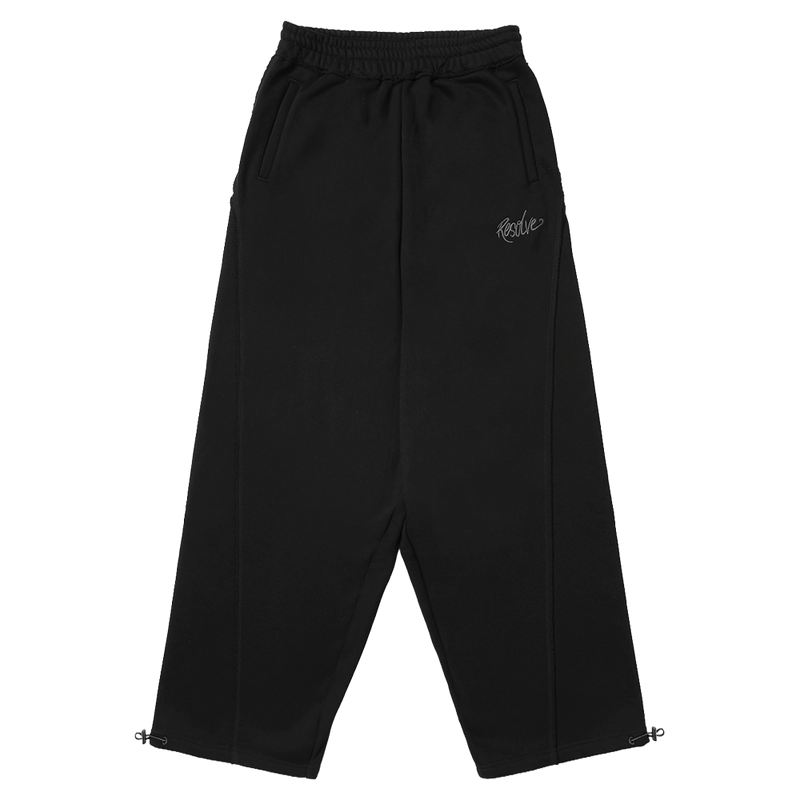 Black Resolve Daily Sweatpants with wide legs, elastic waistband, side pockets, and adjustable toggle hems.