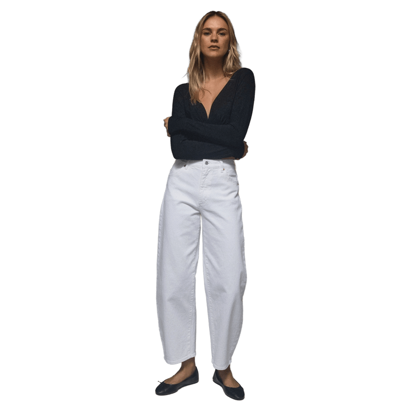 View of Rollas Gig Barrel Jeans - Womens in colour Vintage White.