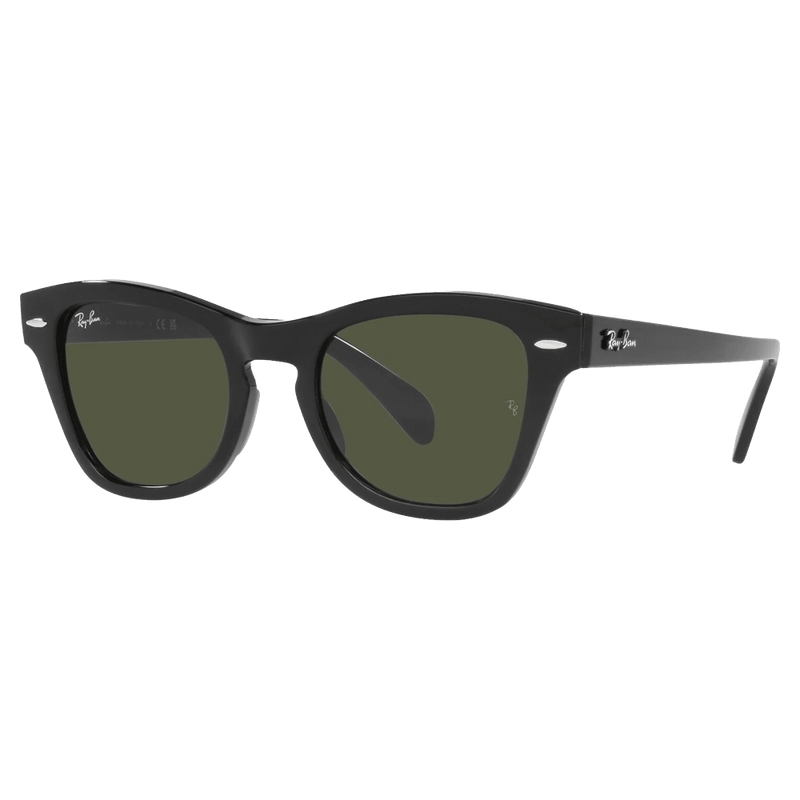 Ray-Ban black thick-frame sunglasses with dark green lenses and silver rivets, shown at a three-quarter angle.