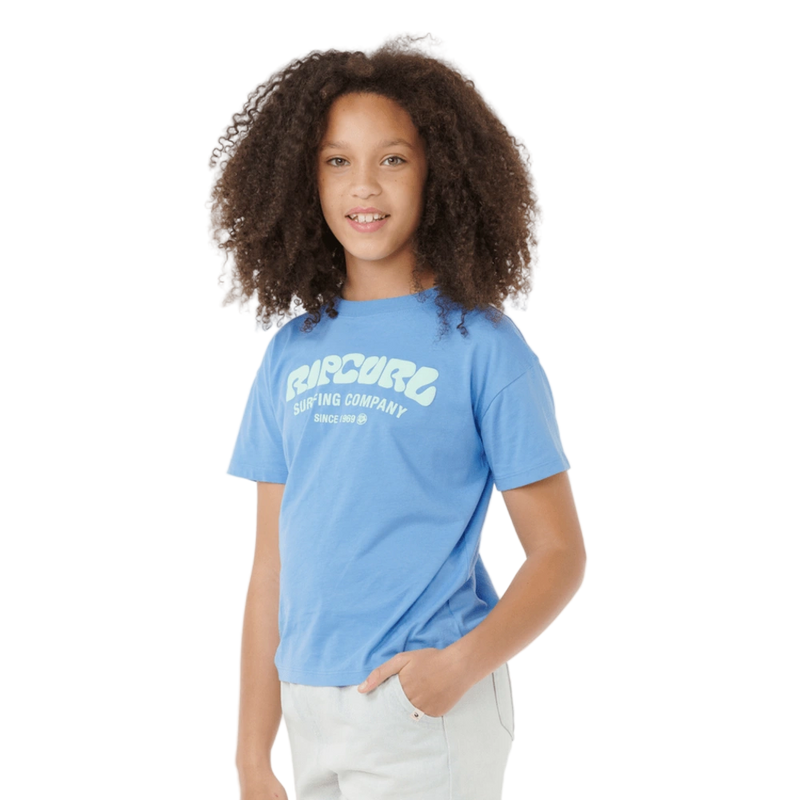 Side image of the Rip Curl Surf Puff Relaxed Tee- Girl in Blue