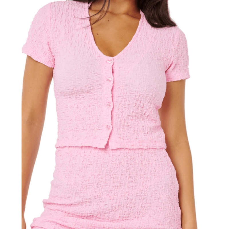 Detail image of the Rip Curl Sunset Luau Textured Tee in Pastel Pink