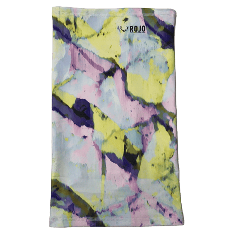 Kids Rojo Ultra Neck Tube with a colorful abstract watercolor print in yellow, pink, and purple.