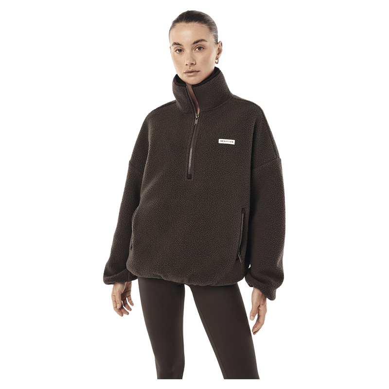 Front view of P.E Nation Rotate Quarter Zip - Womens in colour Coffee.
