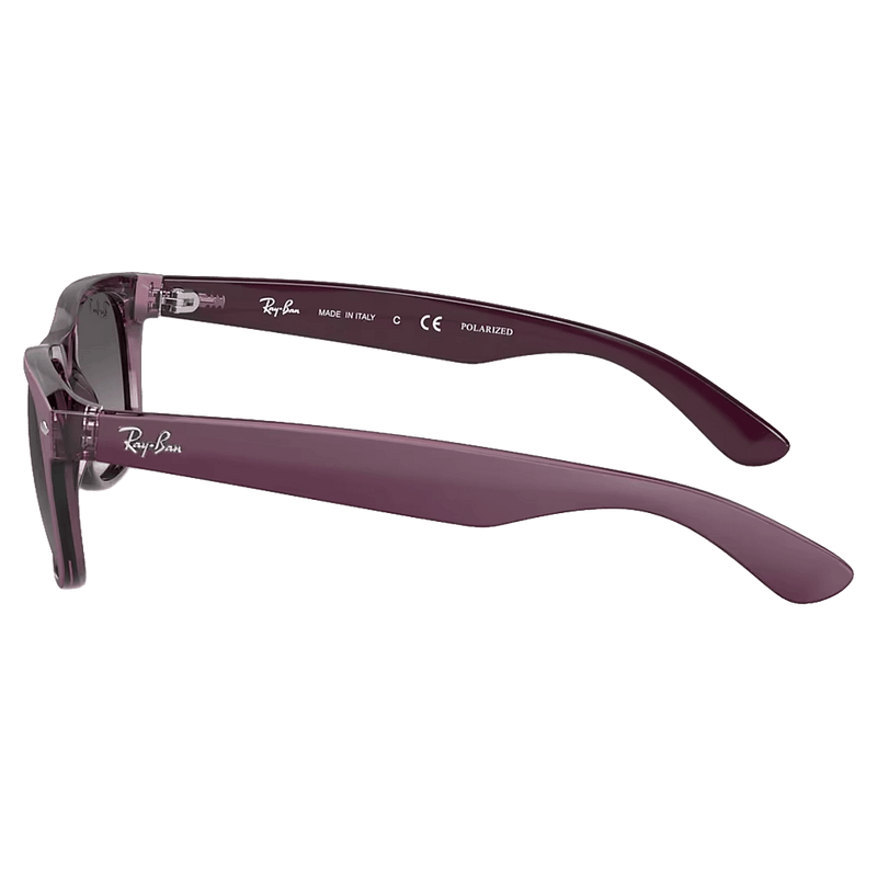 Side view of the Ray-Ban New Wayfarer Sunglasses in Matte Violet, Grey Gradiant lens, unisex model