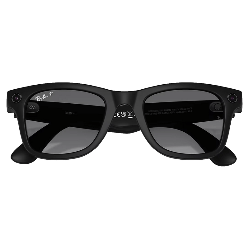 Fodled view of the Ray-Ban Wayfarer Meta Gen 2 Sunglasses in Matte Black, Polar Gradient Graphite lens, unisex model