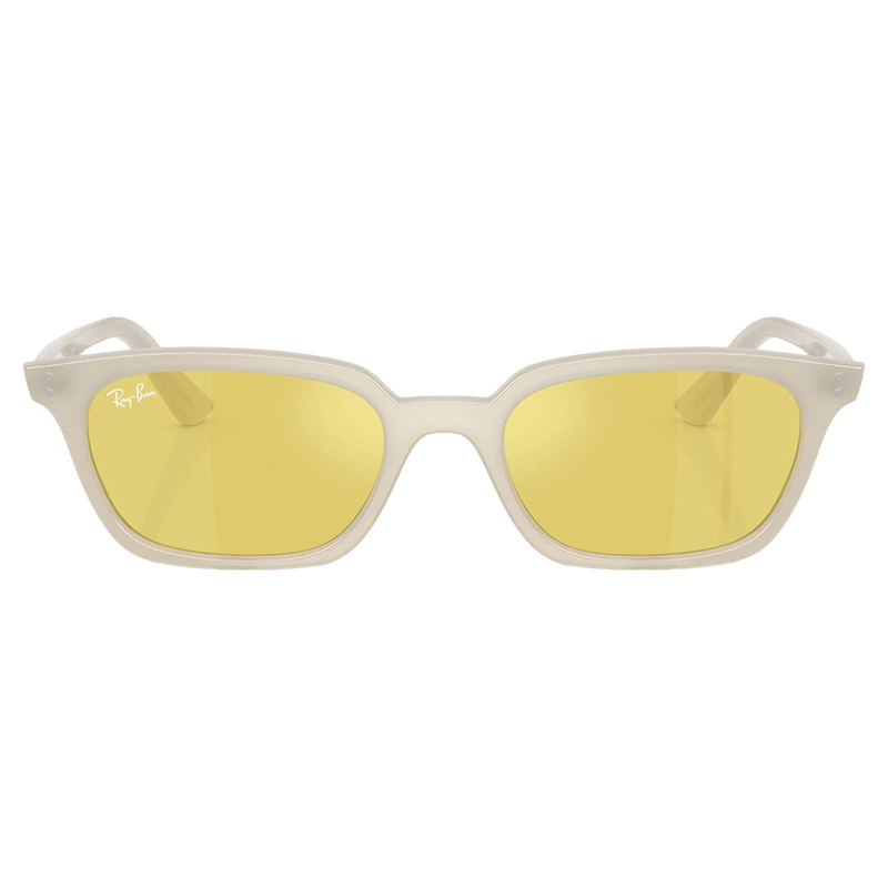 Front view of the Ray-Ban Zaya Sunglasses in Claudy Warm White, Yellow lens, unisex model