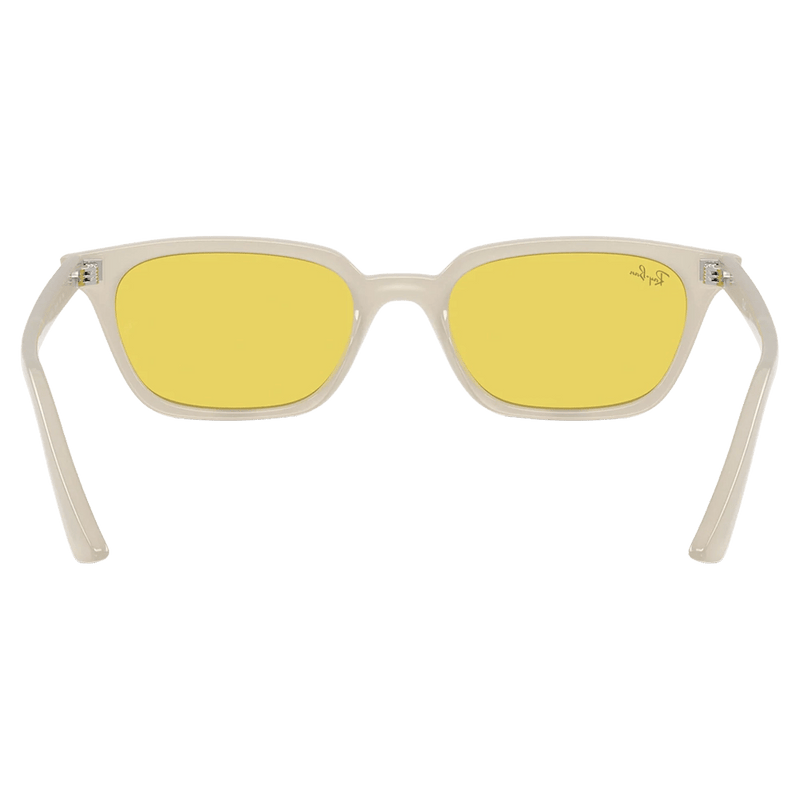Back view of the Ray-Ban Zaya Sunglasses in Claudy Warm White, Yellow lens, unisex model