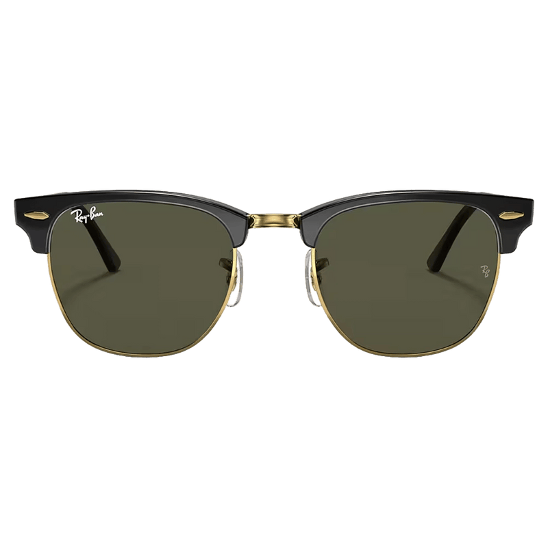 Front view of the RayBan Clubmaster Classic Sunglasses in Black, G15 Green lens, unisex model