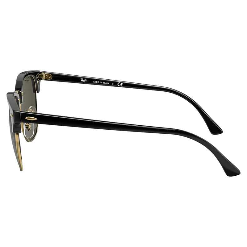 Side view of the RayBan Clubmaster Classic Sunglasses in Black, G15 Green lens, unisex model
