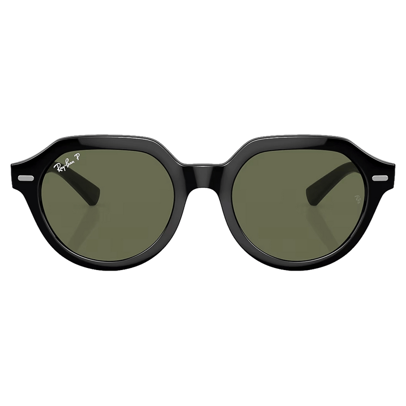 fRONT view of the RayBan Gina Sunglasses in Black, Dark Green Polar lens, unisex model