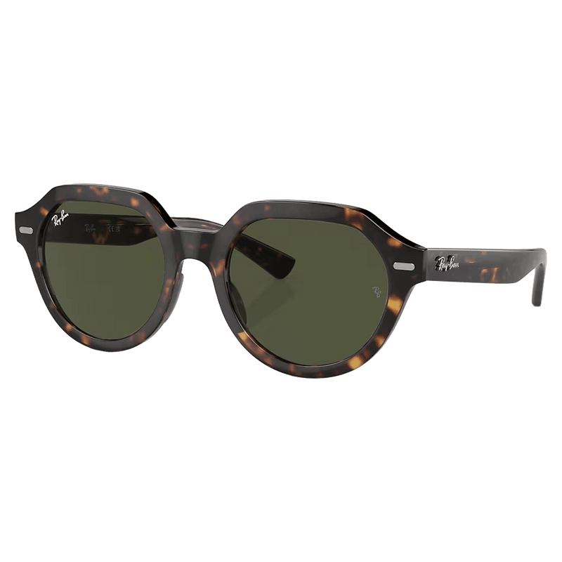 Main view of the RayBan Gina Sunglasses in Havana, Dark Green Polar lens, unisex model