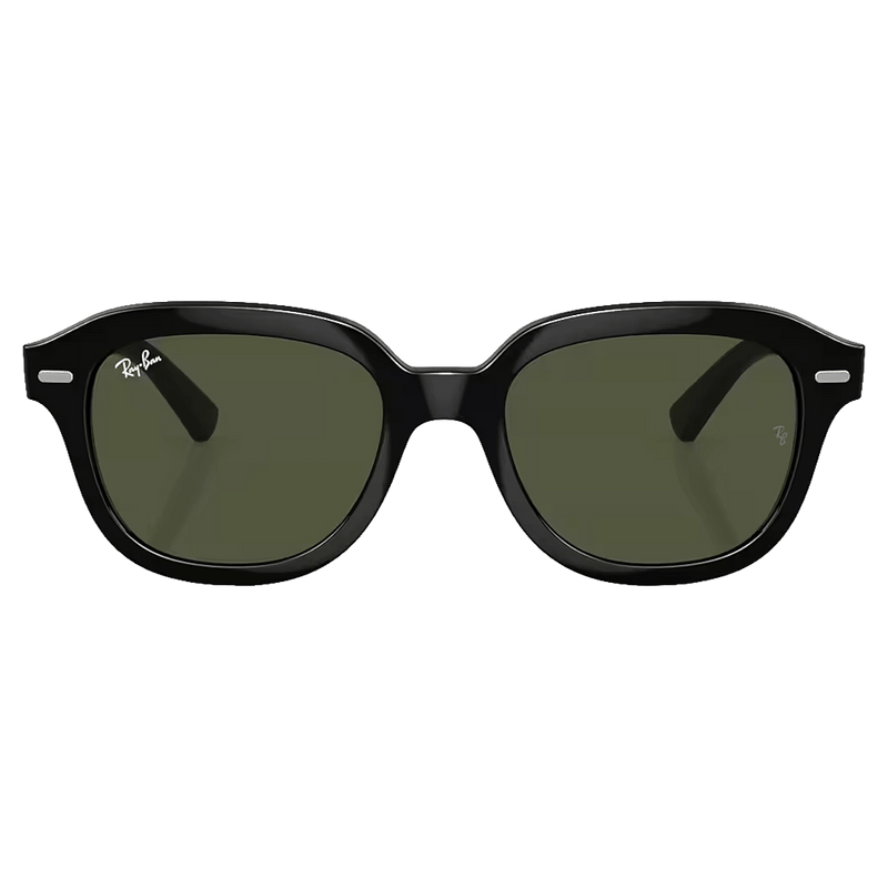 Front view of the RayBan erik Sunglasses in Black, Green lens, unisex model