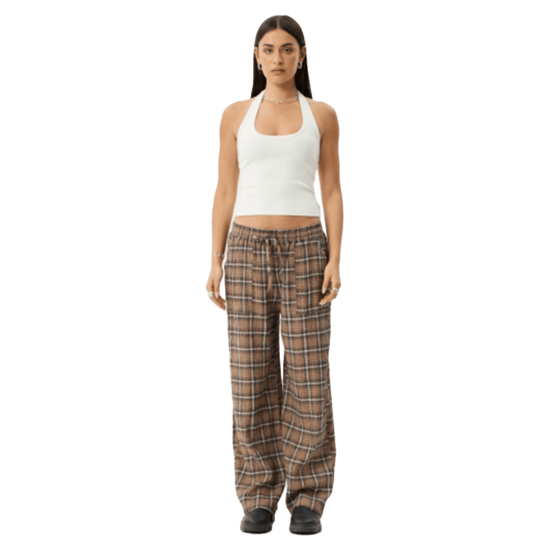 Front view of Afends Reverie Hemp Seersucker Pants - Womens in colour Coffee Check.