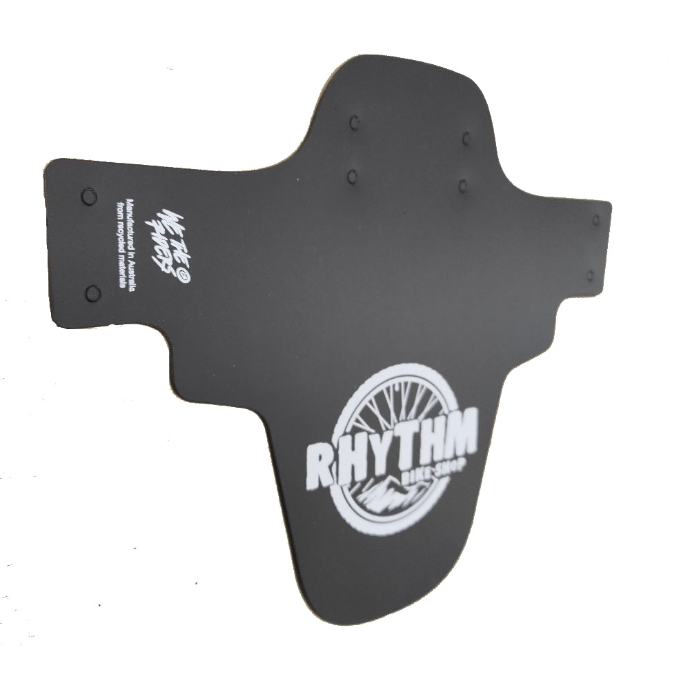 Black rhythm mud guard side view. White logo and details.