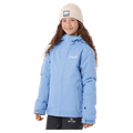 Kids light blue Rip Curl Anti Series Olly hooded ski jacket worn with a cream beanie.