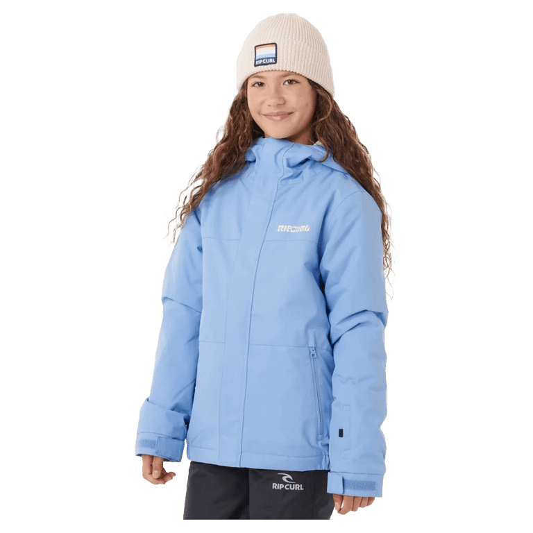 Kids light blue Rip Curl Anti Series Olly hooded ski jacket worn with a cream beanie.