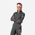 Tight-fit grey Rossignol Infini Compression Race Top with high neck and grey graphic details on the sleeves. Shown on model